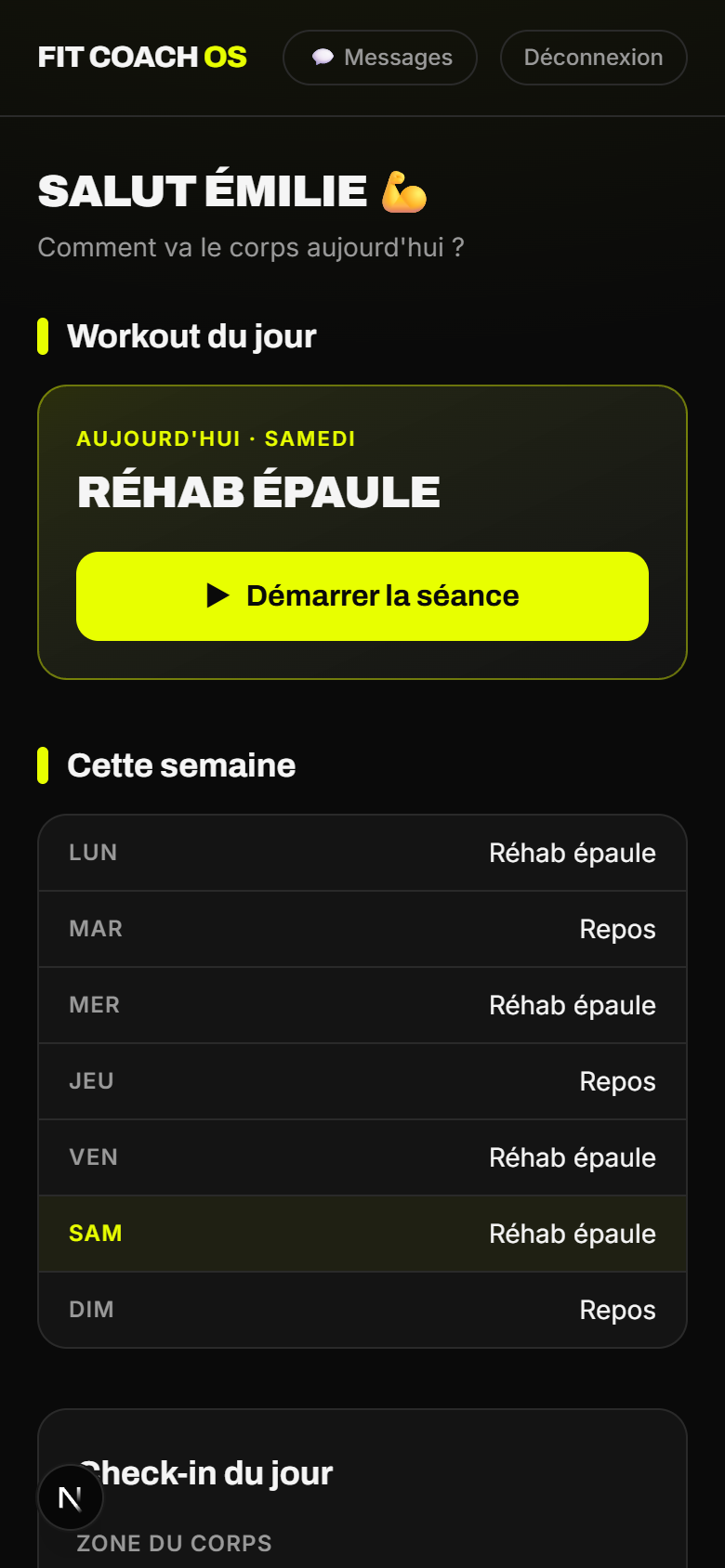 Vue client mobile de Fit Coach OS — workout du jour et semaine