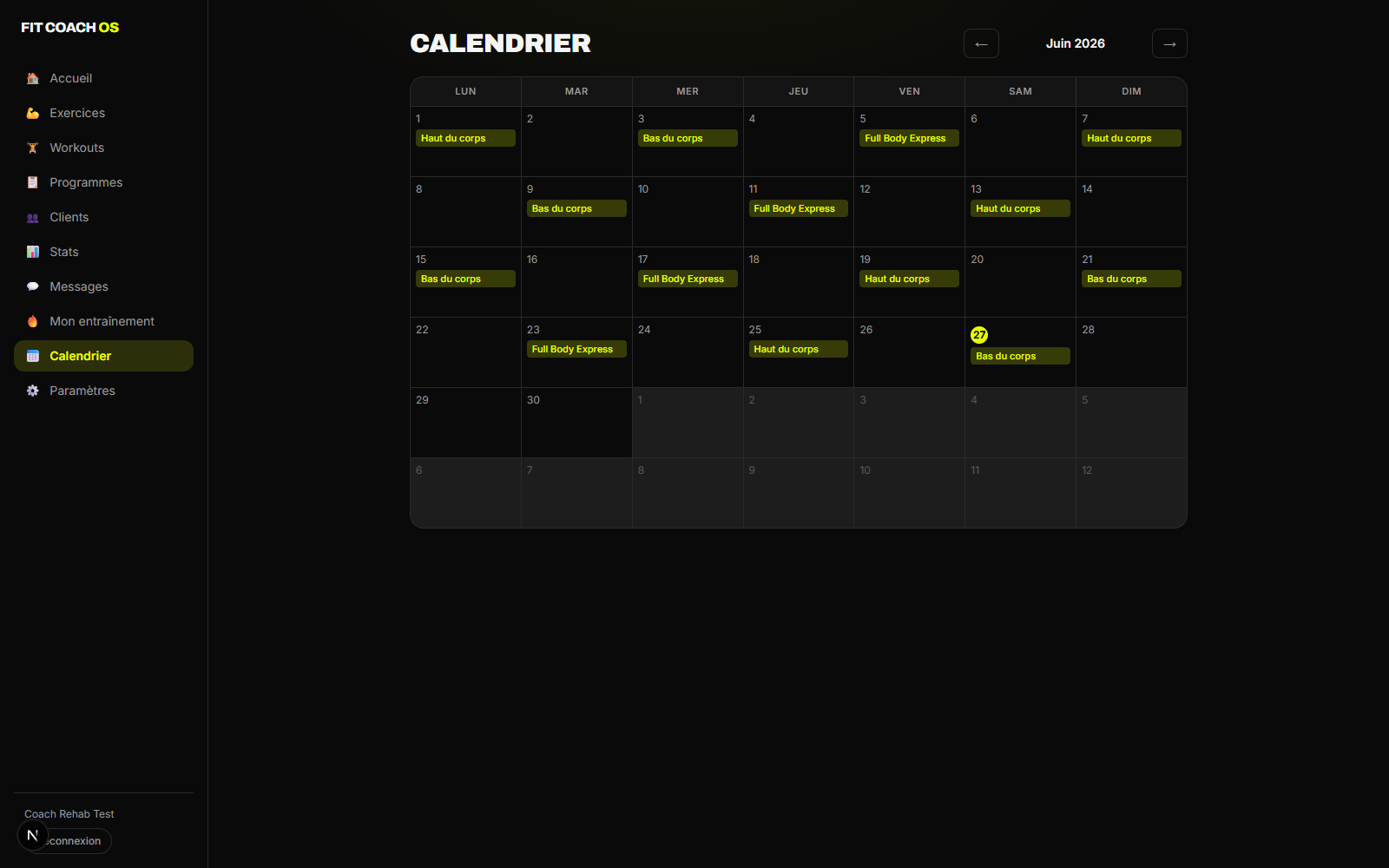 Calendrier de Fit Coach OS — vue mensuelle des séances