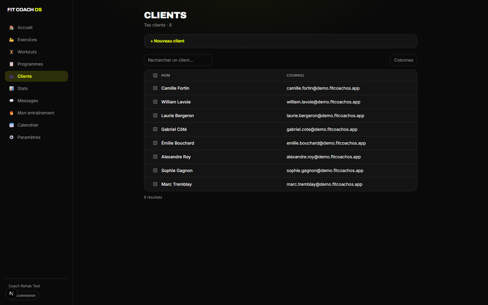 Liste des clients de Fit Coach OS