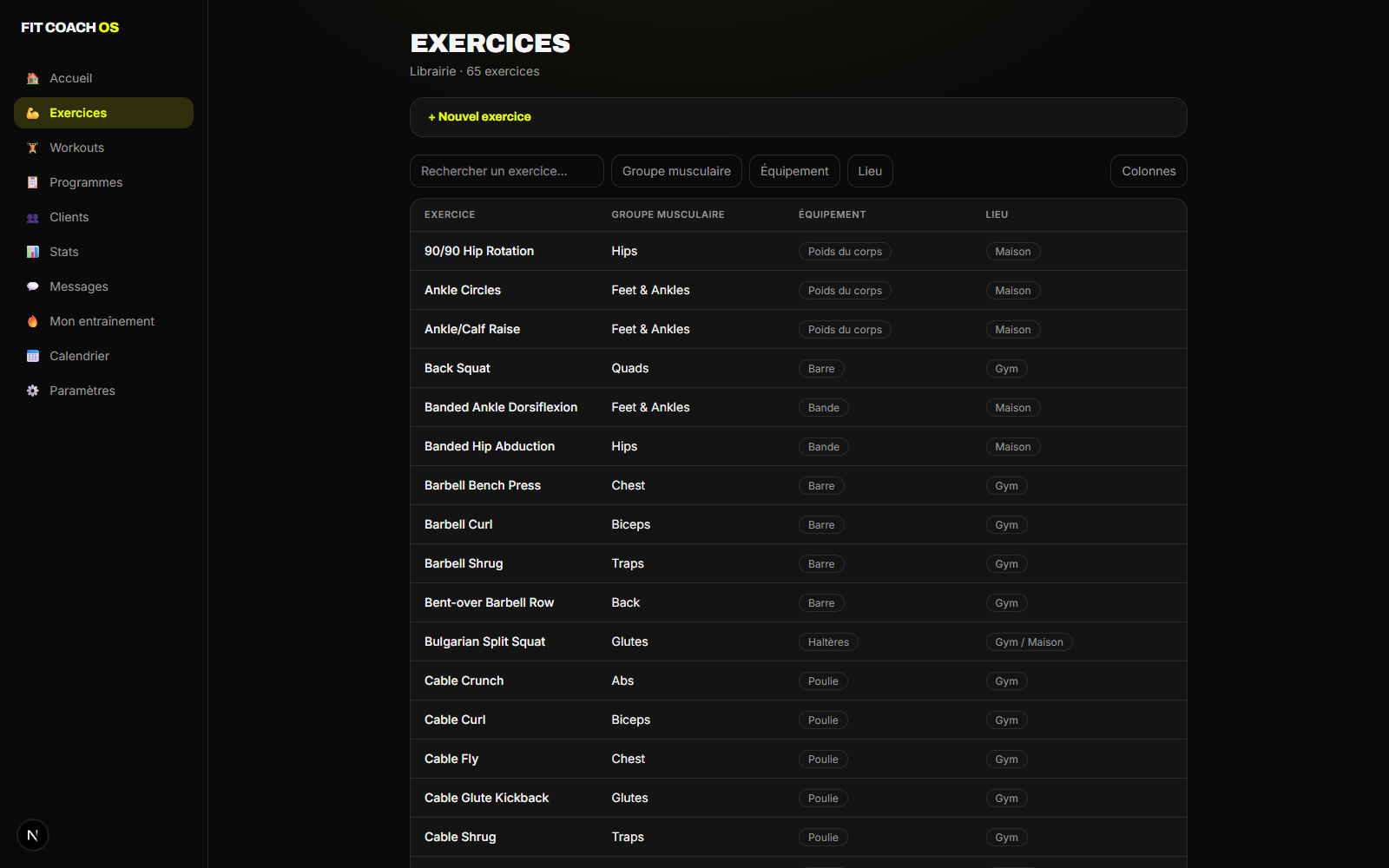 Base d'exercices de Fit Coach OS — librairie de 65 exercices avec filtres